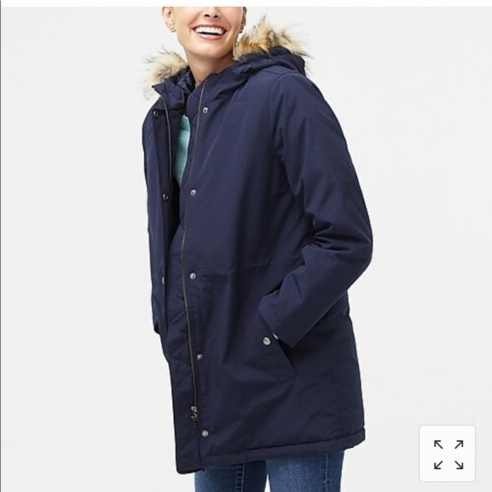 J. Crew Navy Parka Jacket with Faux Fur Hood